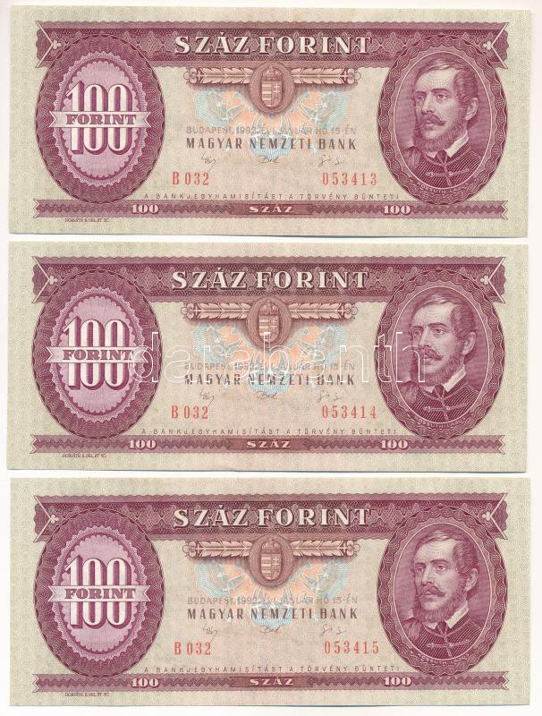 1992. 100Ft (3x) sorszámkövetők 'B 032 053413 - B 032 053415' T:UNC,AU Adamo F37