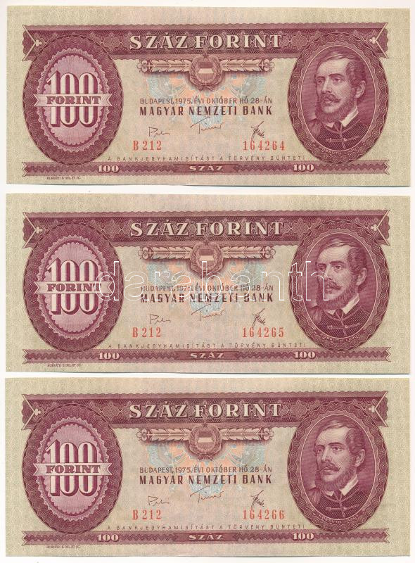 1975. 100Ft (3x) sorszámkövetők 'B 212 164264 - B 212 164266' T:XF-F szép papír Adamo F33