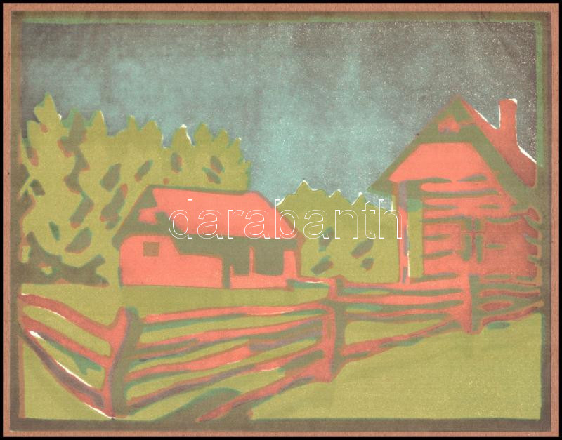 Ferenczy Károly (1862-1917): Izvorai tanya. Színes linómetszet, papír. Megjelent 1911-ben, a Modern Magyar Magyar Képtár c. mappában, 18x23 cm / linocut on paper, issued 1911 - Image 2