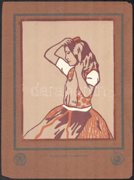 Glatz Oszkár (1872-1958): Parasztleány. Színes linómetszet, papír. Megjelent 1911-ben, a Modern Magyar Magyar Képtár c. mappában, 23x18 cm. Karton a sarkaiban kissé sérült, metszet ép. / linocut on paper, issued 1911