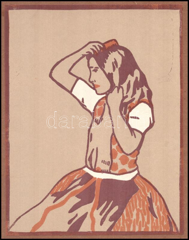 Glatz Oszkár (1872-1958): Parasztleány. Színes linómetszet, papír. Megjelent 1911-ben, a Modern Magyar Magyar Képtár c. mappában, 23x18 cm. Karton a sarkaiban kissé sérült, metszet ép. / linocut on paper, issued 1911 - Image 2