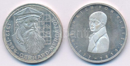 NSZK 1969F 5M Ag 'Gerhard Mercator' + 1977G 5M Ag 'Heinrich von Kleist' T:AU (PP), AU patina FRG 1969F 5 Mark Ag 'Gerhard Mercator' + 1977G 5 Mark Ag 'Heinrich von Kleist' C:AU (PP), AU patina Krause KM#126, KM# 146