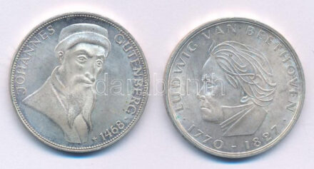 Német Szövetségi Köztársaság 1968G 5M Ag 'Gutenberg János halálának 500. évfordulója' + 1970F 5M Ag 'Beethoven' T:AU patina Federal Republic Germany 1968G 5 Mark Ag '500th Anniversary - Death of Johannes Gutenberg' + 1970F 5 Mark Ag