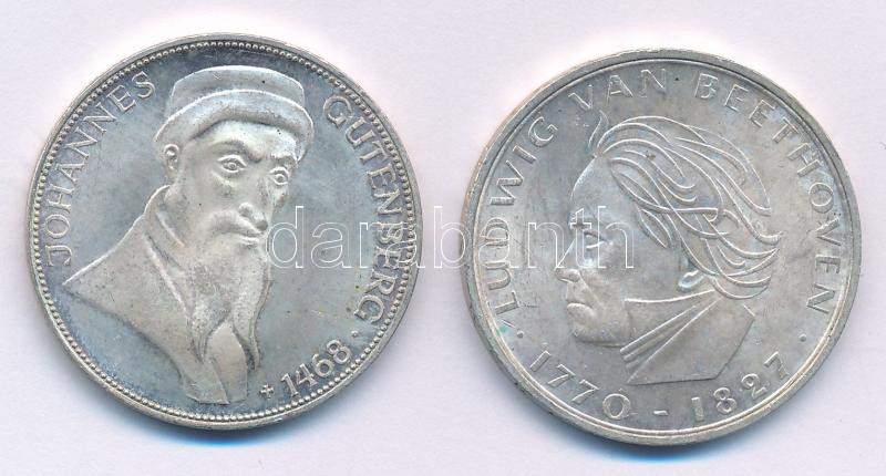 Német Szövetségi Köztársaság 1968G 5M Ag 'Gutenberg János halálának 500. évfordulója' + 1970F 5M Ag 'Beethoven' T:AU patina Federal Republic Germany 1968G 5 Mark Ag '500th Anniversary - Death of Johannes Gutenberg' + 1970F 5 Mark Ag