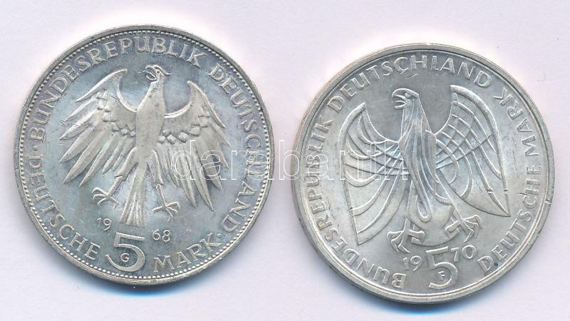 Német Szövetségi Köztársaság 1968G 5M Ag 'Gutenberg János halálának 500. évfordulója' + 1970F 5M Ag 'Beethoven' T:AU patina Federal Republic Germany 1968G 5 Mark Ag '500th Anniversary - Death of Johannes Gutenberg' + 1970F 5 Mark Ag - Image 2