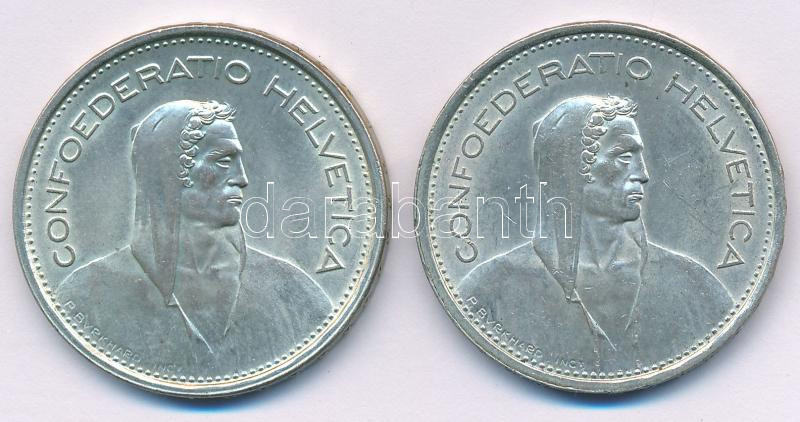 Svájc 1967B 5Fr Ag (2x) T:AU Switzerland 1967B 5 Francs Ag (2x) C:AU Krause KM#40