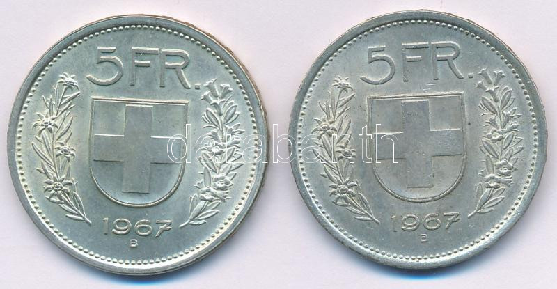 Svájc 1967B 5Fr Ag (2x) T:AU Switzerland 1967B 5 Francs Ag (2x) C:AU Krause KM#40 - Image 2
