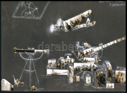 cca 1940 Egy katona fotóalbumában fellelt fotómontázs: a gépágyús üteg, 3. félszakaszát ábrázolja, 1 db modern nagyítás, 15x21 cm