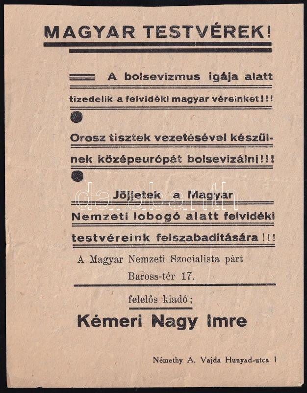 cca 1930 Magyar Nemzeti Szocilista párt röplap 10x14 cm