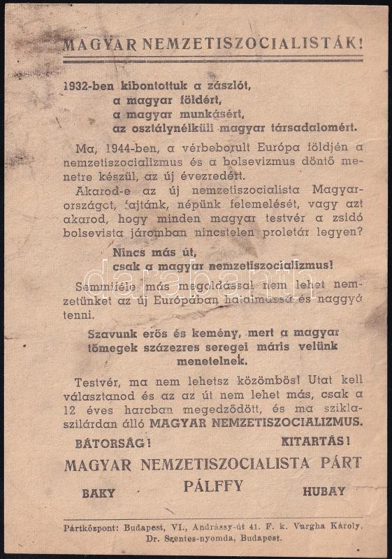 cca 1936 Magyar Nemzeti Szocialista Párt röplap, piszkos 10x15 cm