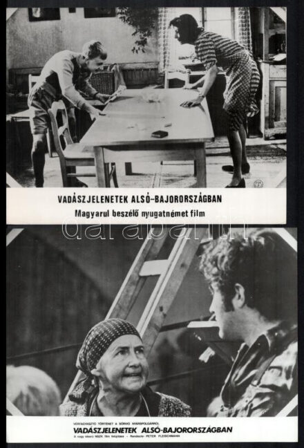 cca 1969 ,,Vadászjelenetek Alsó-Bajorországban' című NSZK film jelenetei és szereplői, 18 db vintage produkciós filmfotó ezüst zselatinos fotópapíron, a használatból eredő (esetleges) kisebb hibákkal, 18x24 cm