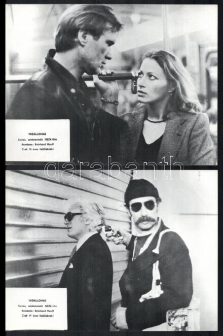 cca 1981 ,,Végállomás' című NSZK film jelenetei és szereplői, 9 db produkciós filmfotó nyomdatechnikával sokszorosítva, egyoldalas nyomtatással, a használatból eredő (esetleges) kisebb hibákkal, 18x24 cm