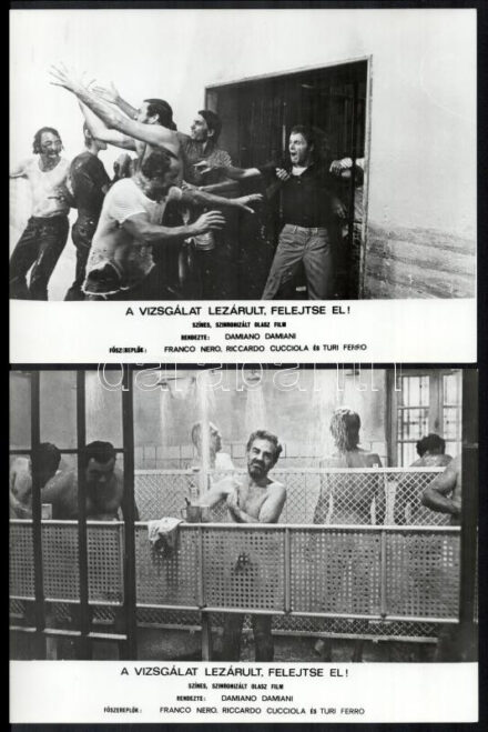 cca 1971 ,,A vizsgálat lezárult, felejtse el' című olasz film jelenetei és szereplői, 41 db vintage produkciós filmfotó ezüst zselatinos fotópapíron, a használatból eredő (esetleges) kisebb hibákkal, 18x24 cm