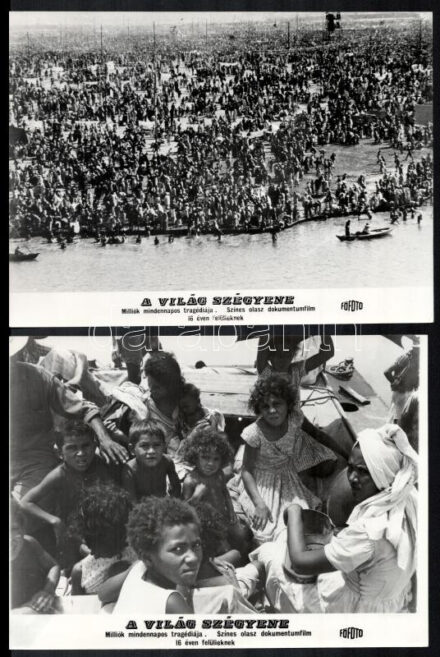 cca 1972 ,,A világ szégyene - milliók mindennapos tragédiája' című olasz dokumentumfilm jelenetei és szereplői, 13 db vintage produkciós filmfotó ezüst zselatinos fotópapíron, a használatból eredő (esetleges) kisebb hibákkal,