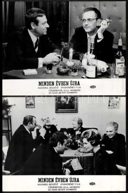 cca 1967 ,,Minden évben újra' című nyugatnémet film jelenetei és szereplői, 16 db vintage produkciós filmfotó ezüst zselatinos fotópapíron, a használatból eredő (esetleges) kisebb hibákkal, + hozzáadva 1 db szöveges kisplakát,