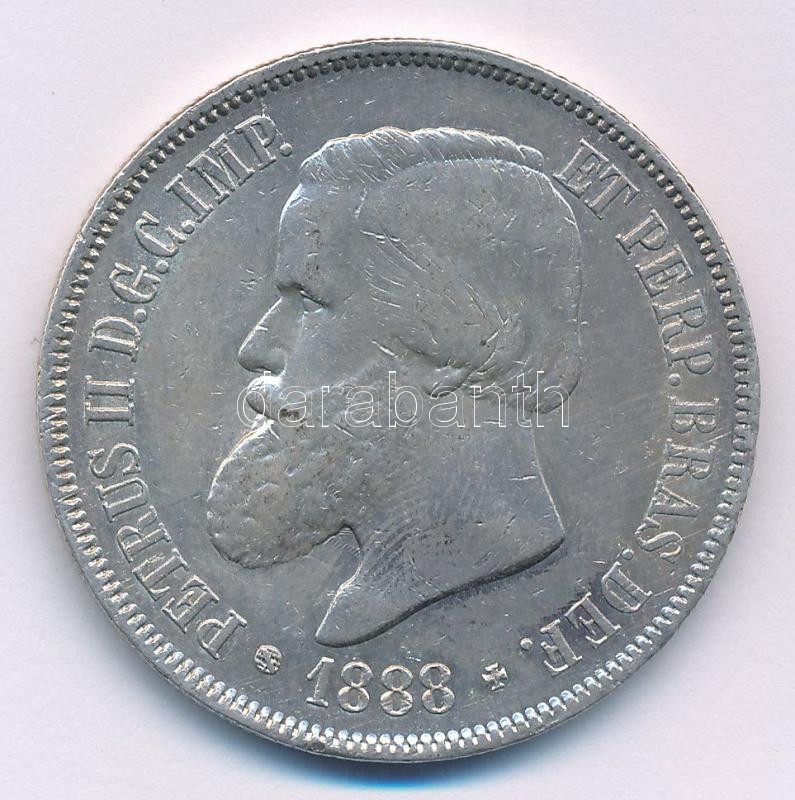 Brazília 1888. 2000R Ag 'II. Pedro' T:XF kis ph. Brasil 1888. 2000 Reis Ag 'Pedro II' C:XF small edge error Krause KM# 485