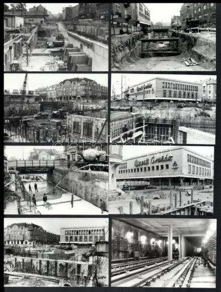 1987/1989 Budapest, Újpest metróállomás felszíni és földalatti építése, 13 db vintage fotó ezüst zselatinos fotópapíron, feliratozva, datálva, 9x14 cm