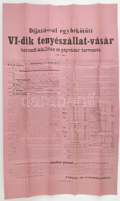 1887 Tenyészállat vásár, baromfi kiállítás, gépvásár nagy méretű plakát hajtva, kis szakadással 50x80 cm