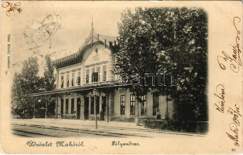 1903 Makó, pályaudvar, vasútállomás még a kibővítés előtt. Vitéz Mihály kiadása (EK)