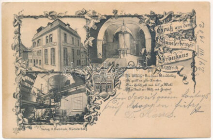1902 Ziebice, Münsterberg; Gruß aus dem Münsterberger Brauhaus A. Ulbrich / brewery, beer factory, interior, coat of arms. Art Nouveau, floral (EB)