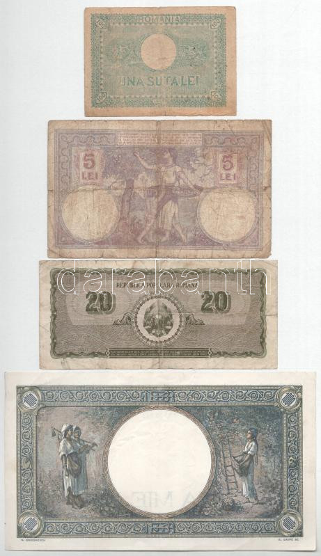 Románia 1920. 5L + 1941. 1000L + 1945. 100L + 1950. 20L T:F,VG közte szép papír Romania 1920. 5 Lei + 1941. 1000 Lei + 1945. 100 Lei + 1950. 20 Lei C:F,VG within fin paper - Image 2