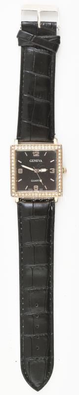 Geneva női kvarc karóra, strasszokkal díszített, szögletes tokkal, bőr szíjjal, némi kopással, működik, 32x32 mm