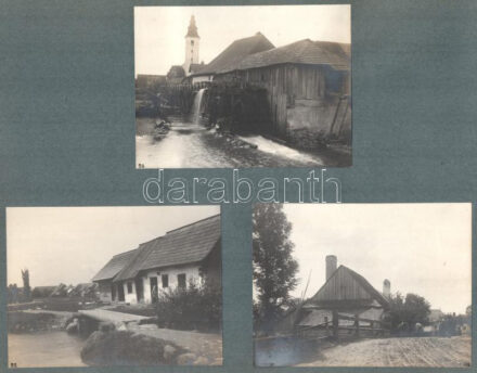 1913. szept. 25, régi vízimalom Polerjekánál (Mezőpataknál, Turócábrahámfalva része, Felvidék) valamint részletek a faluról és az azt körülvevő tájról, össz. 6 db albumlapra ragasztott, hártyapapíron feliratozott és datált