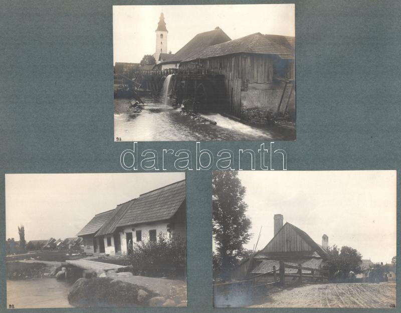 1913. szept. 25, régi vízimalom Polerjekánál (Mezőpataknál, Turócábrahámfalva része, Felvidék) valamint részletek a faluról és az azt körülvevő tájról, össz. 6 db albumlapra ragasztott, hártyapapíron feliratozott és datált