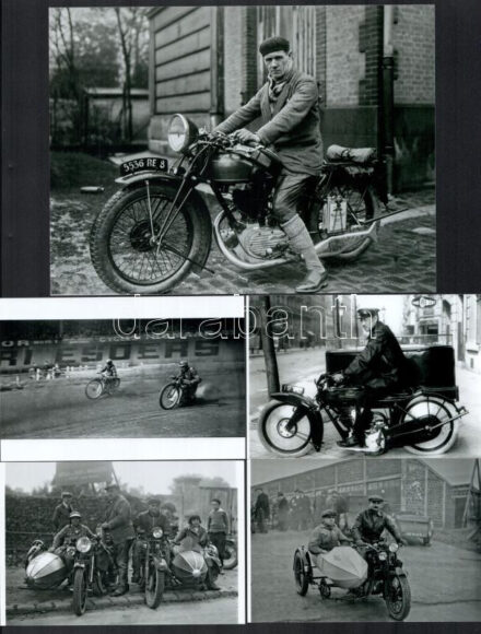 cca 1920 Motorosok tétele, 5 db modern nagyítás a két- vagy háromkerekű motorokról, 17,7x23,8 cm és 10x15 cm