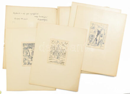 Jean-Georges Simon / Simon János György (1894-1968): Au tour d'un Beg De Gaz. I Dessins á la pointe sur verre. Pari, 1925. Algárfia, papír, jelzett, dedikált mappában. 9 db Rajzok mérete kb 9x13 cm Mappa kissé sérült