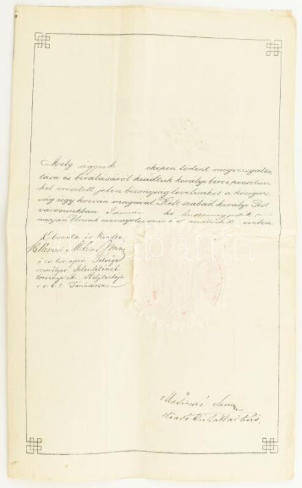 1865 ítélőtáblai ítélet Kellemesi Melczer István (1810- 1896.) az utolsó királyi személynök, főrendiházi tag aláírásával császári szárazpecséttel