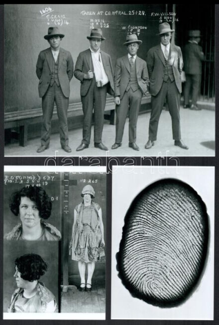 cca 1920 és 1940 között, eltérő időpontokban készült felvételek gengszterek nyilvántartásáról, rabmunkáról, börtönről, villamosszékes kivégzés előkészítéséről, 7 db modern nagyítás a néhai Lapkiadó Vállalat központi