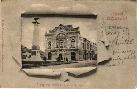 1901 Szabadka, Subotica; Honvéd emlékmű (Kaponyai csata emlékműve), Nemzeti Kaszinó. Heumann Mór kiadása / Hungarian military monument, casino (szakadás / tear)