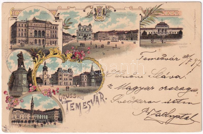 1897 (Vorläufer) Temesvár, Timisoara; színház, Józsefvárosi zárda, Gyárváros, Kossuth tér, Jenő herceg tér, Losonczy tér, Scudier szobor. Uhrmann Henrik kiadása / theatre, squares, nunnery, monument. O.Z.M. Art Nouveau, floral, litho