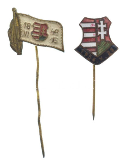 1948. '1848. III. 15.' festett, Kossuth-címeres bronz jelvény a szabadságharc 100. évfordulója alkalmából + DN '1956. X. 23.' zománcozott, Kossuth-címeres bronz jelvény a forradalom emlékére T:XF