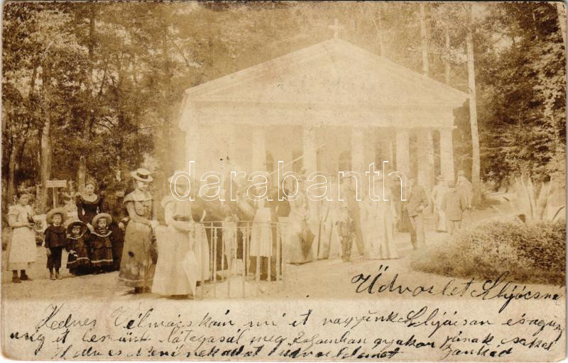 1900 Szliács, Sliac; Kápolna, fürdő vendégek / chapel, spa guests. photo (fl)