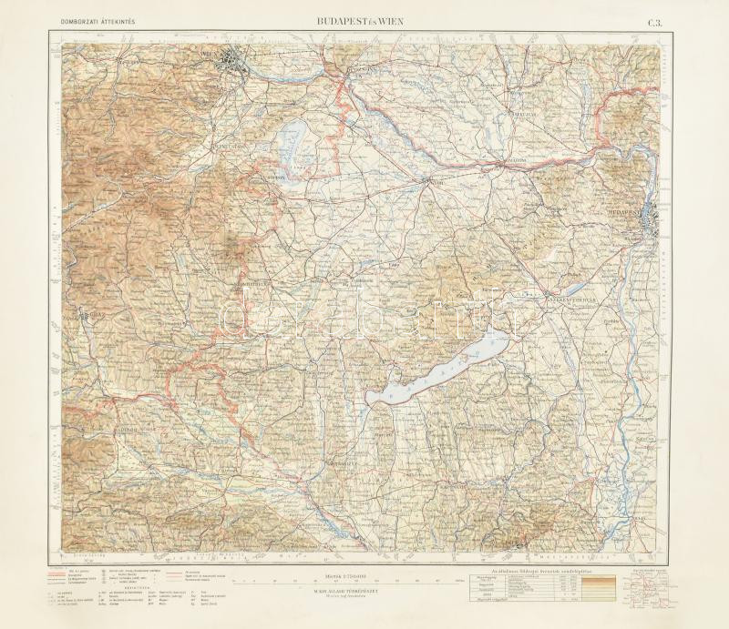1932 Budapest-Wien Domborzati-Topográfiai térkép 1:750 000, 52x34 cm