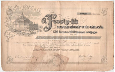 Budapest 1893. 'A Feszty-féle Magyar Körkép (Betéti) Társaság' 500Ft-os (1000K-s) betétjegye, szárazpecséttel, '000134' sorszámmal T:F,VG szakadás, sarokhiány, nagyobb folt / Hungary / Budapest 1893. 'The Hungarian Cyclorama of Feszty