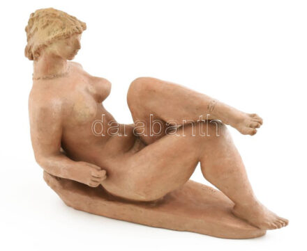 Kerényi Jenő (1908-1975): Könyöklő akt. Terrakotta, kopás nyomokkal, jelzett, m:25 cm, h:32 cm