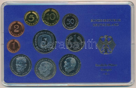 NSZK 1984F 1pf-5M (10x) forgalmi sor műanyag dísztokban, benne 1984F 2M (3xklf) T:PP FRG 1984F 1 Pfennig - 5 Mark (10x) coin set in plastic frame, including 1984F 2M (3xdiff) C:PP