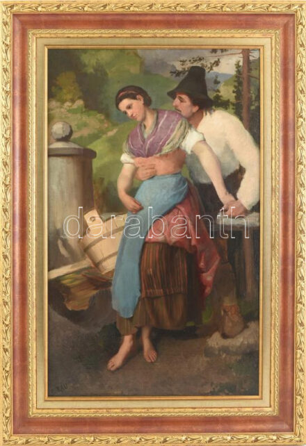 F. Rau jelzéssel: Szerelmi jelenet. Olaj, vászon, fára kasírozva, Jelzett, dekoratív fa keretben. 70x50 cm