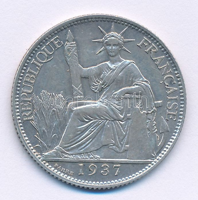 Francia Indo-Kína 1937. 20c Ag T:AU French Indo-China 1937. 20 Centimes Ag C:AU Krause KM#17.2 - Image 2