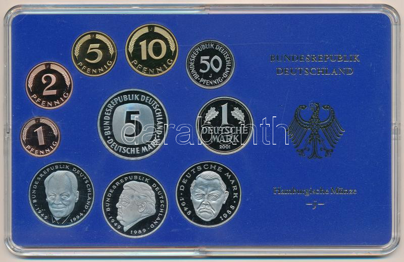 NSZK 2001J 1pf-5M (10x) forgalmi sor műanyag dísztokban, benne 2001J 2M (3xklf) T:PP FRG 2001J 1 Pfennig - 5 Mark (10x) coin set in plastic frame, including 2001J 2M (3xdiff) C:PP