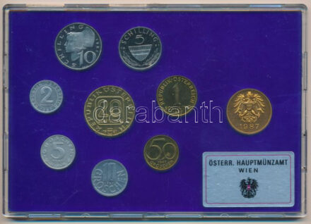 Ausztria 1987. 2gr-20Sch (8xklf) + pénzverdei zseton, forgalmi sor, karcos műanyag tokban T:PP Austria 1987. 2 Groschen - 20 Schilling (8xdiff) + 'Hauptmünzamt' mint token, coin set in scratched plastic case C:PP