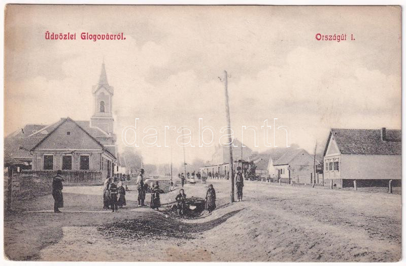 Glogovác, Öthalom, Vladimirescu (Arad); Országút I., templom. Kerpel Izsó kiadása / road, church