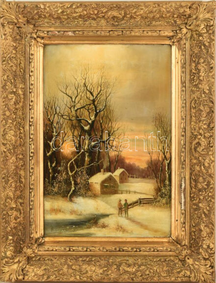 Olvashatatlan jelzéssel: Téli séta. Olaj, vászon. Antik fakeretben. 53x37 cm