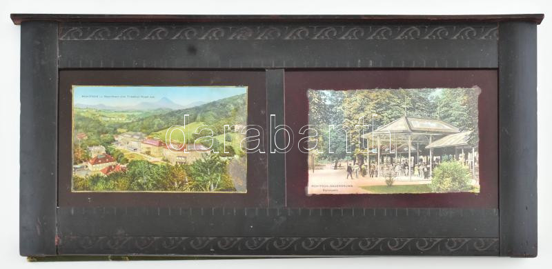 cca 1910 Rohitsch Sauerbrunn két gyöngyház bevonatú kép, dekoratív fa keretben. Keret mérete 40x20 cm