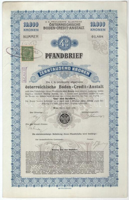 Ausztria / Bécs 1906. 'Osztrák Földhivatal' zálogkötvénye 10.000K-ról 'Dökontroll-stempel', 'B.C.A.II.22' bélyegzővel, '1919' bélyeggel T:AU Austria / Wien 1906. 'Österreichische Boden-Credit-Anstalt' mortgage bond of 10.000 Kronen