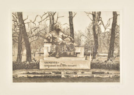 Olvashatatlan jelzéssel: Anonymus szobor, Városliget, Budapest. Rézkarc, papír. 12,5x18,5 cm.