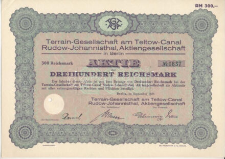 Németország / Weimari Köztársaság / Berlin 1929. 'Terrain-Gesellschaft am Teltow-Canal Rudow-Johannisthal, Atkiengesellschaft' részvénye 300M-ről, vízjeles papíron, szárazpecséttel, lyukasztva T:AU Germany / Weimar Republic / Berlin